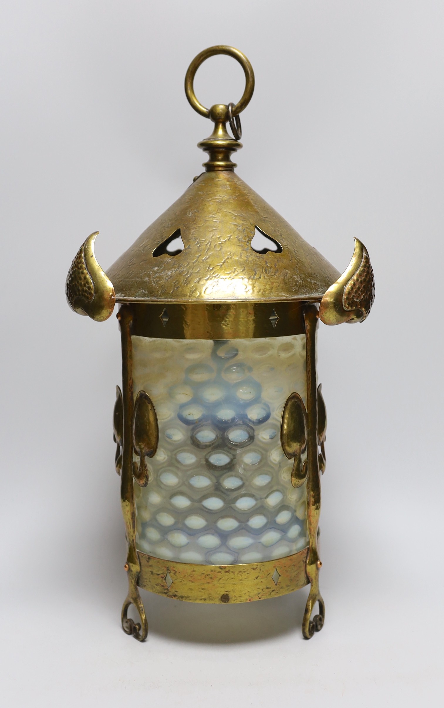 An Art Nouveau brass and vaseline glass hall lantern, 47cm